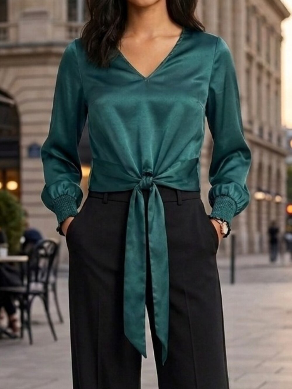 Emerald Green Satin Tie Front Top Boho Smocked Sleeve Blouse XS Better Unsaid